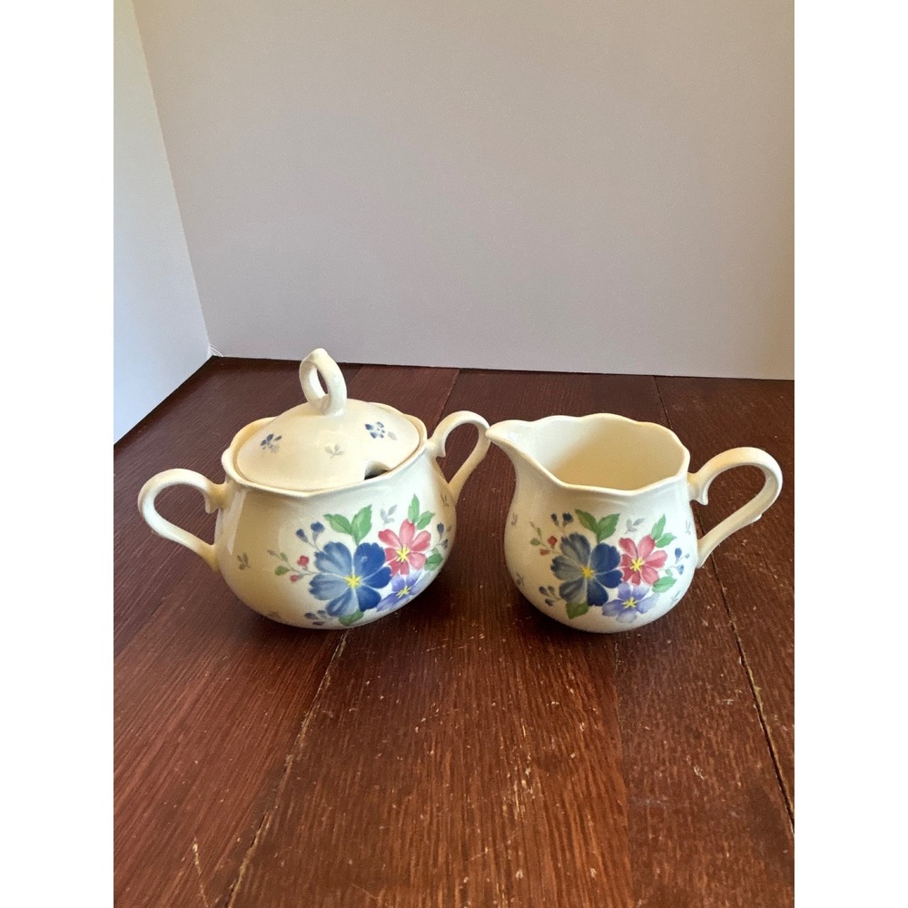 Floral Ceramic Creamer and Lidded Sugar Bowl Set Cream Blue Pink Flowers